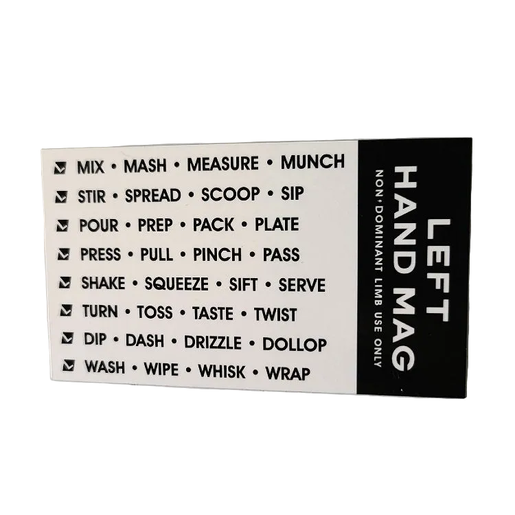 DB101 Left Hand refrigerator magnet featuring non-dominant hand usage instructions.
